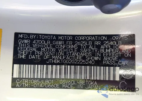 2016 Lexus Es 350 from USA, damaged, VIN JTHBK1GG2G2225240